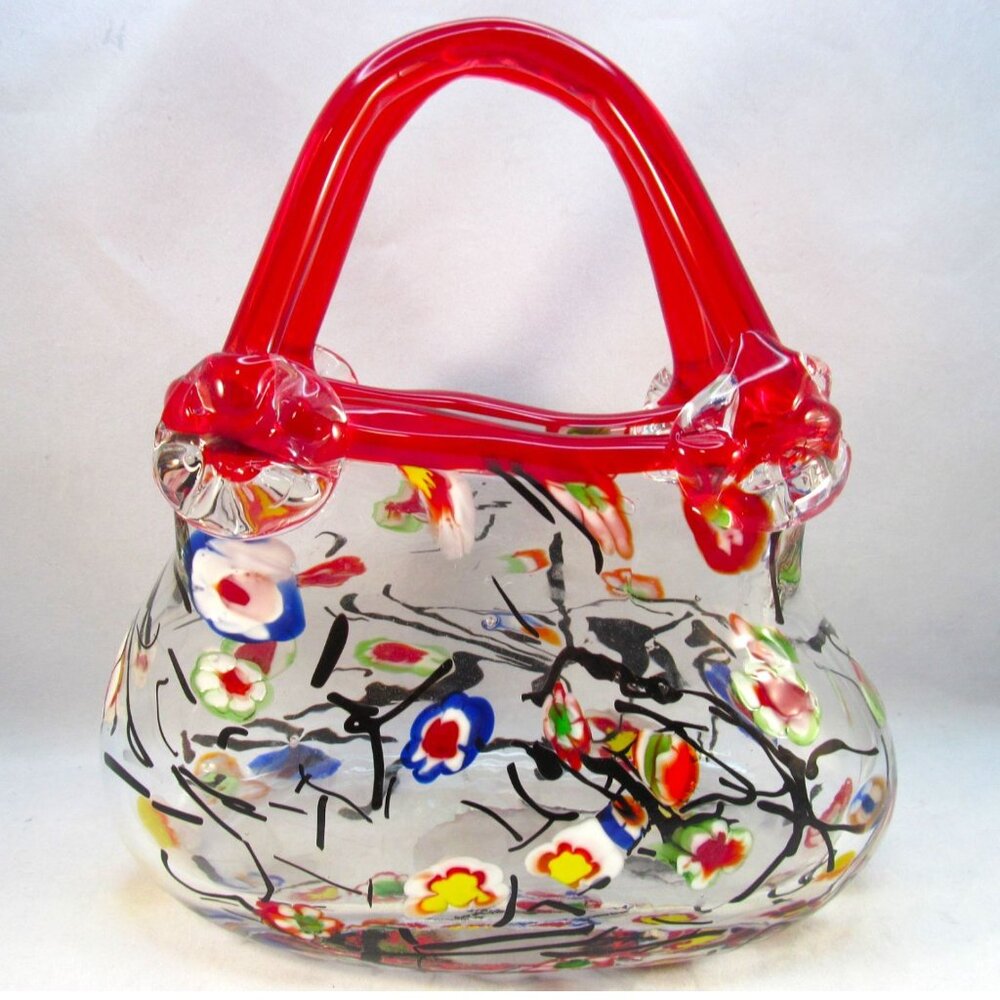Hand Blown Art Glass Red Handle Handbag Figurine Vase